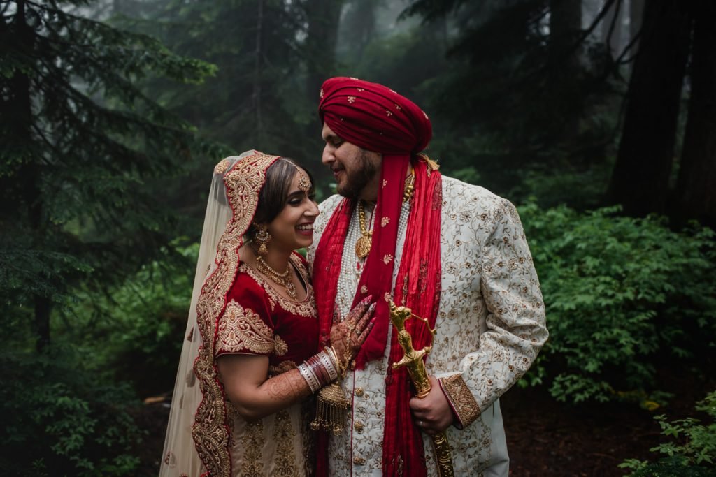 Indian bride and groom on Grouse Mountain for wedding.