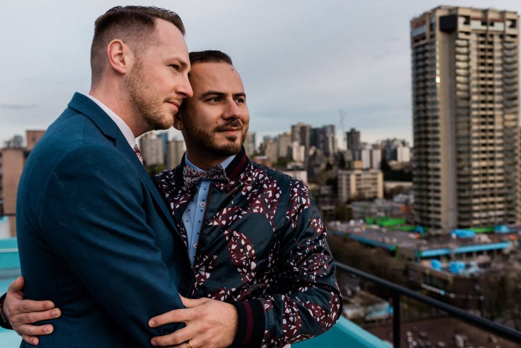 West End Vancouver Engagement photos with LGBTQ couple.