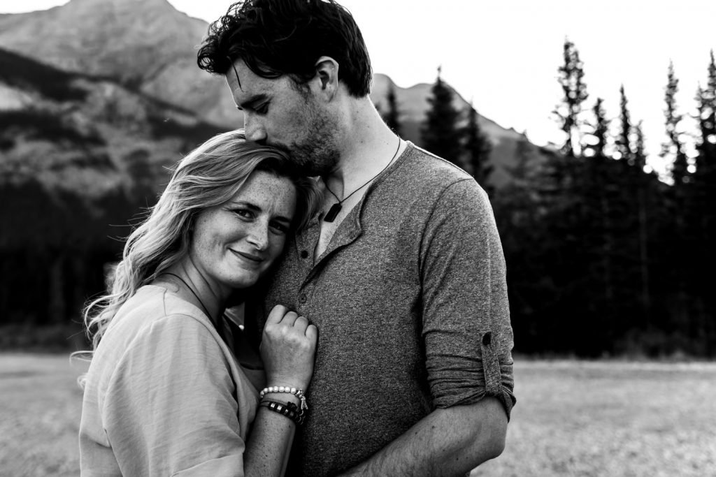 black and white image during Canmore engagement session